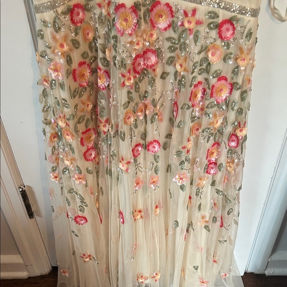 Mac Duggal Cream Dress with Pink Floral Embroidery, Size 10 - Picture 3 of 6